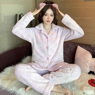 法兰绒2024新款睡衣女士秋冬季开衫加厚加绒珊瑚绒保暖家居服冬天