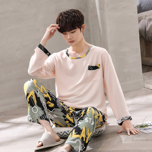 睡衣男2022新款家居服长袖棉绸可外穿简约圆领人造棉春秋薄款套装
