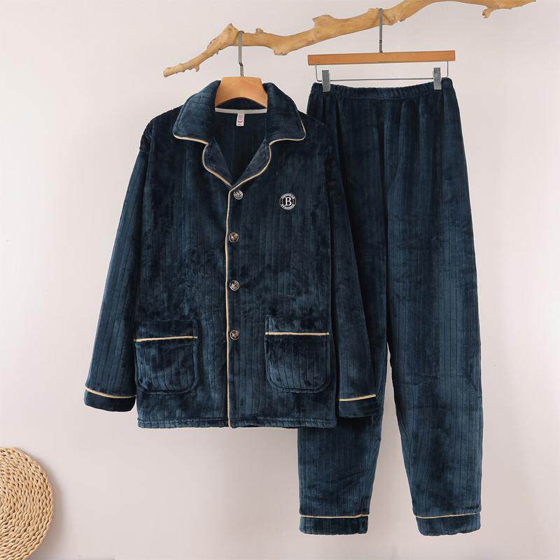 法兰绒秋冬季开衫睡衣男可外穿中青年开衫加厚珊瑚绒加绒家居服新