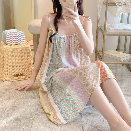 棉绸睡裙女夏季天薄款吊带性感人造棉绵绸睡衣连衣裙大码家居服