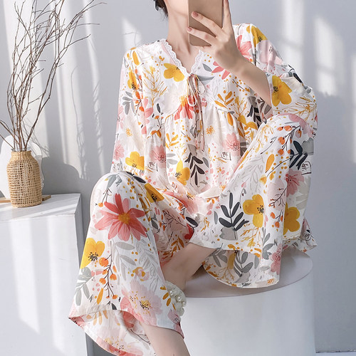 带胸垫棉绸睡衣女夏绵绸家居服