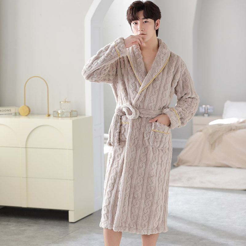 睡衣男冬季牛奶绒长袖长款浴袍加厚大码法兰绒男士睡袍家居服套装