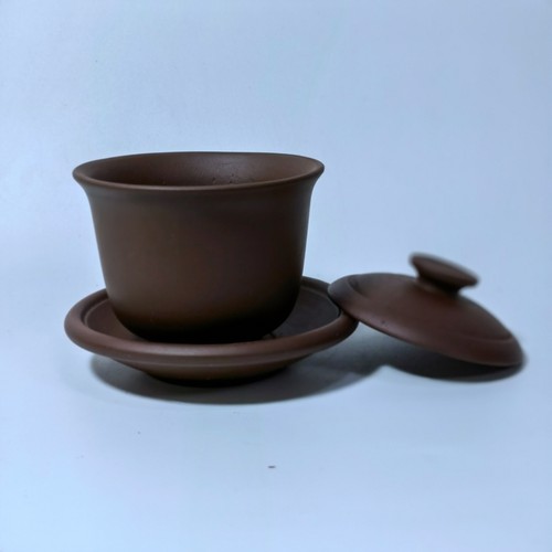 90年代中后期原矿紫泥150cc三件套盖碗三才碗早期定制茶碗无底款