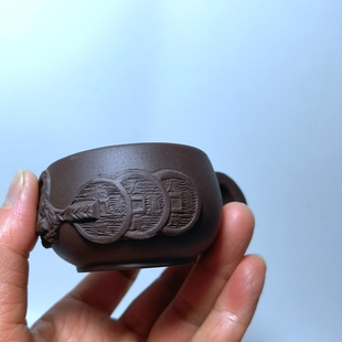 宜兴紫砂早期库存老货原矿老紫泥古钱币六六大顺带把品茗杯复古