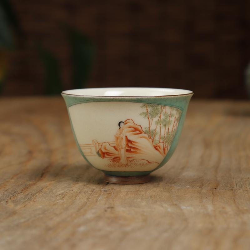 景德镇柴烧手绘矾红仿古品茗杯