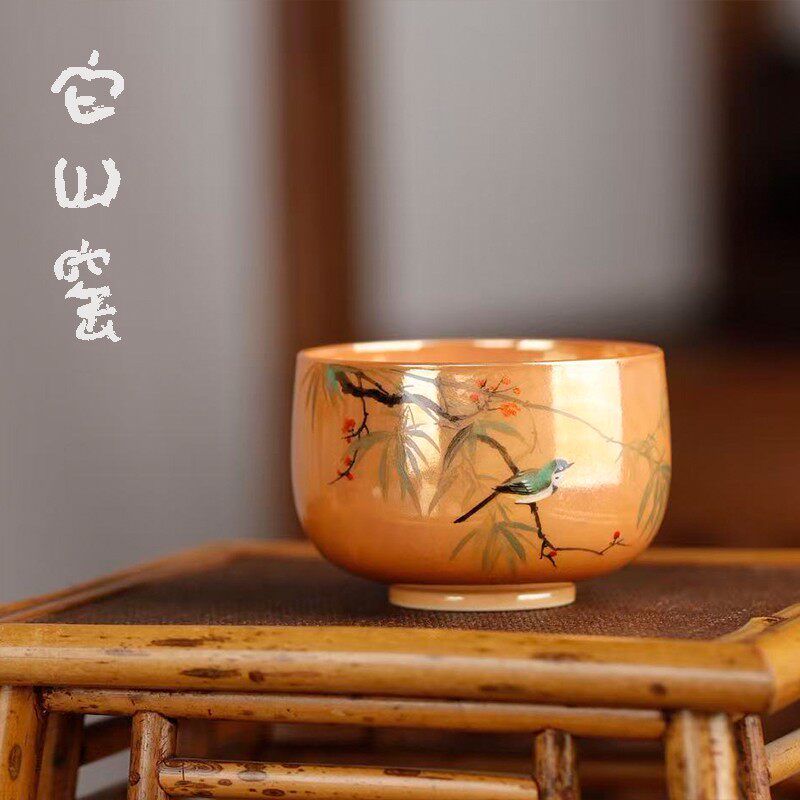 景德镇它山窑中式手绘花鸟陶瓷柴烧茶杯单个装品茗杯功夫茶具单杯