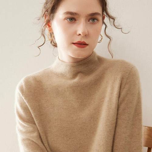 一线成衣卷边半高领羊绒衫