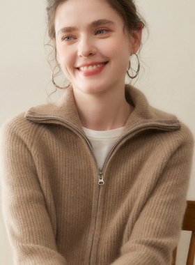 秋冬山羊绒开衫女翻领拉链宽松加厚针织上衣外套立领插肩羊绒衫