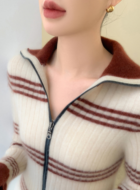 秋冬新款山羊绒开衫女翻领修身显瘦针织外套撞色时尚羊绒毛衣