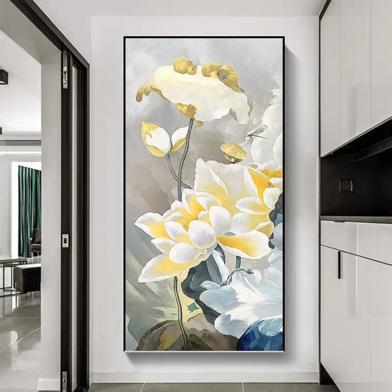 深圳大芬油画村旗舰店玄关画清仓轻奢风手绘荷花入户门正对门挂画