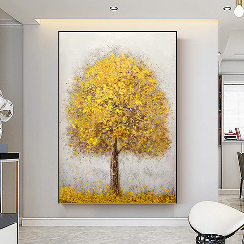手绘肌理油画发财树进门入户玄关画轻奢挂画高级感走廊过道装饰画 - 封面