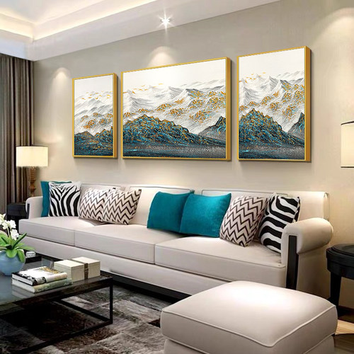 靠山图三联客厅装饰画手绘肌理画