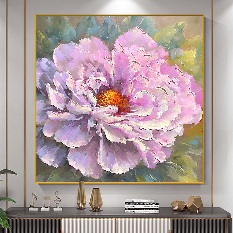 手绘紫红色牡丹油画进门玄关画客厅餐厅轻奢挂画沙发背景墙装饰画