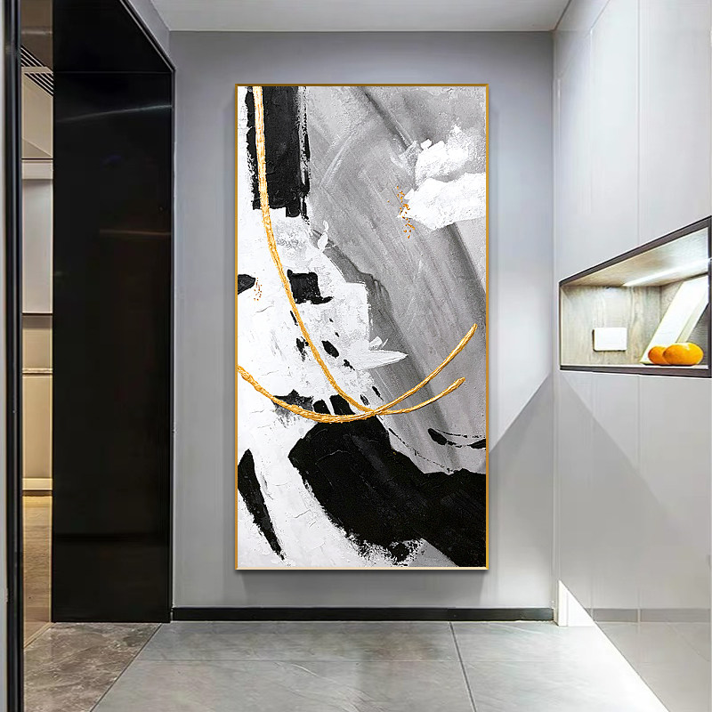 手绘油画客厅沙发后面的挂画走廊壁画黑白抽象浪花大副玄幻装饰画