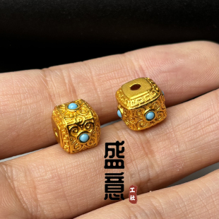 古法24K工艺黄金色925镶嵌松石回纹方珠隔珠锁骨项链佛珠手串配饰