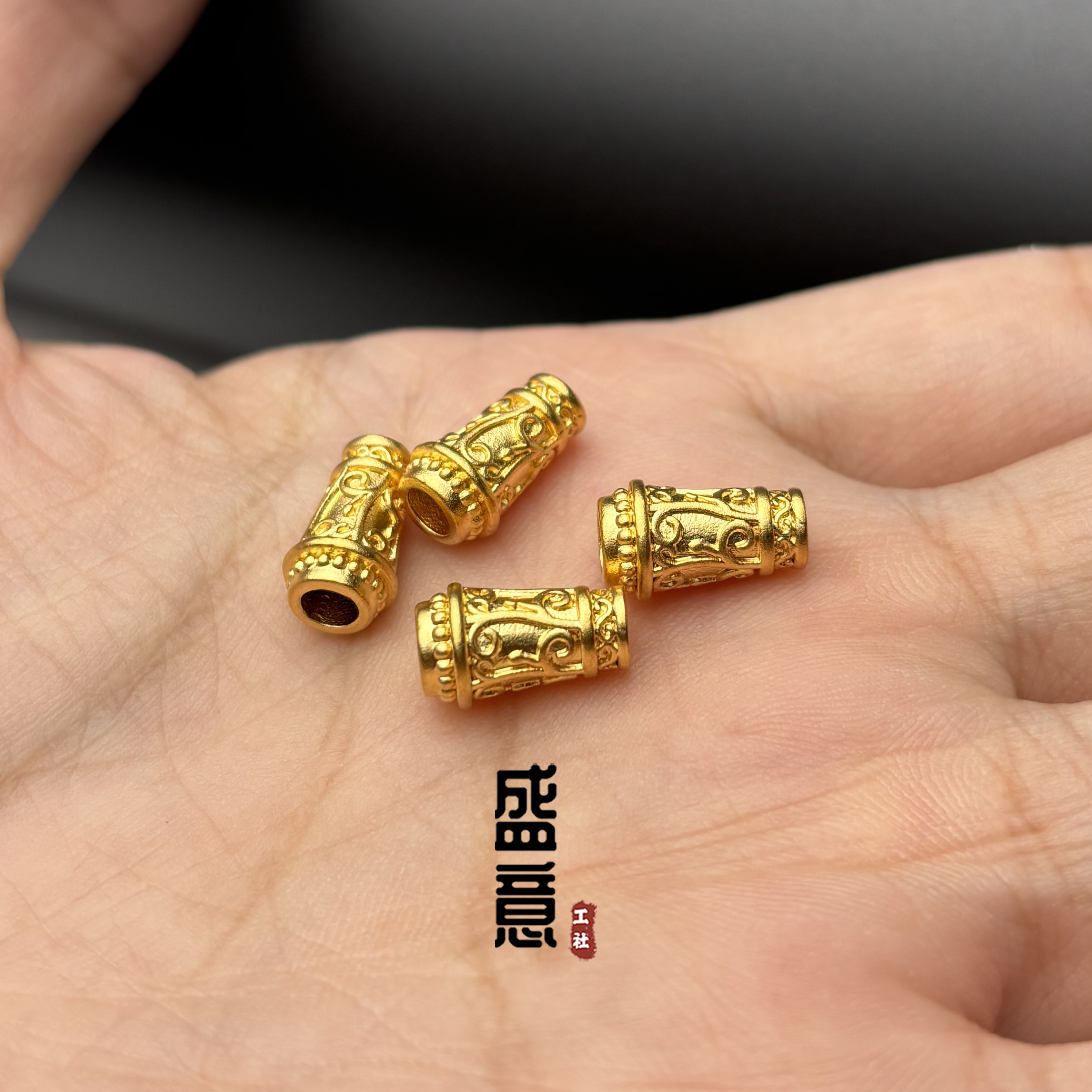 古法24K工艺黄金色唐草纹弟子珠隔珠尾缀吊坠佛珠108手串配饰