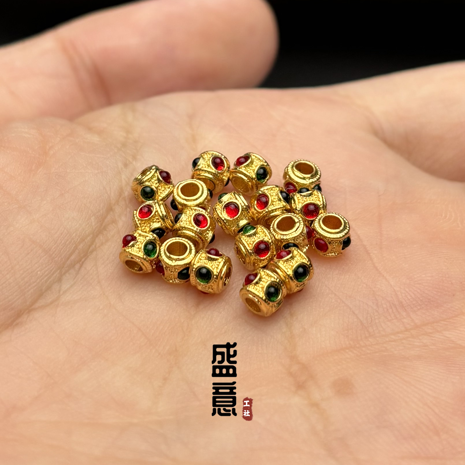 古法24K工艺黄金色镶钻弟子珠线束隔珠吊坠108文玩手串配珠配饰