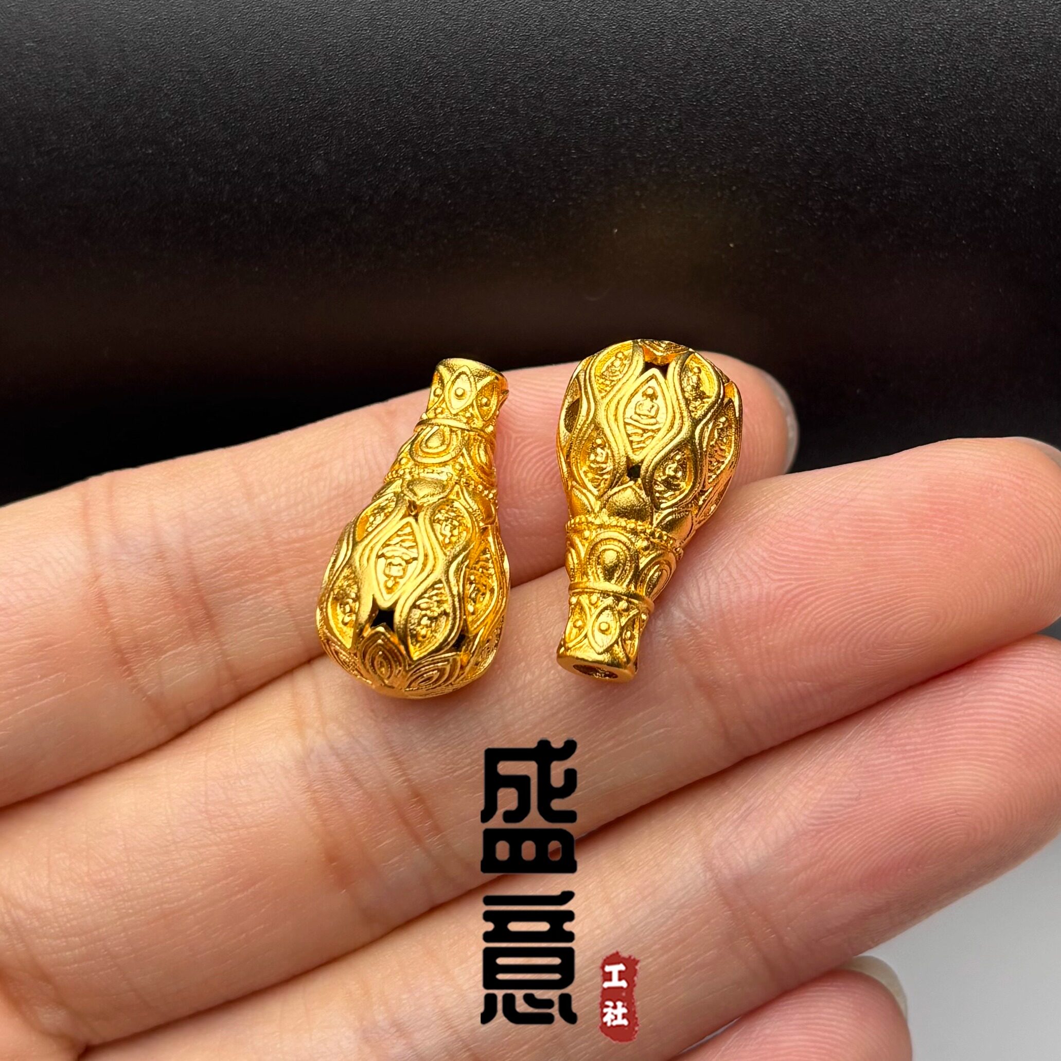 古法24K工艺黄金色镂空无相佛三通佛头隔珠吊坠佛珠108手串配饰