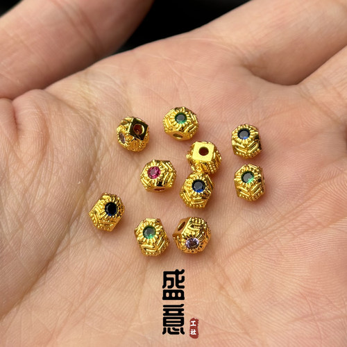 古法24K工艺黄金色彩钻菱形锤纹隔珠弟子珠文玩手串项链手链配饰