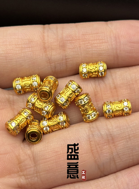 古法24K工艺黄金色镶钻六字真言桶珠弟子珠隔珠手串diy配珠配饰