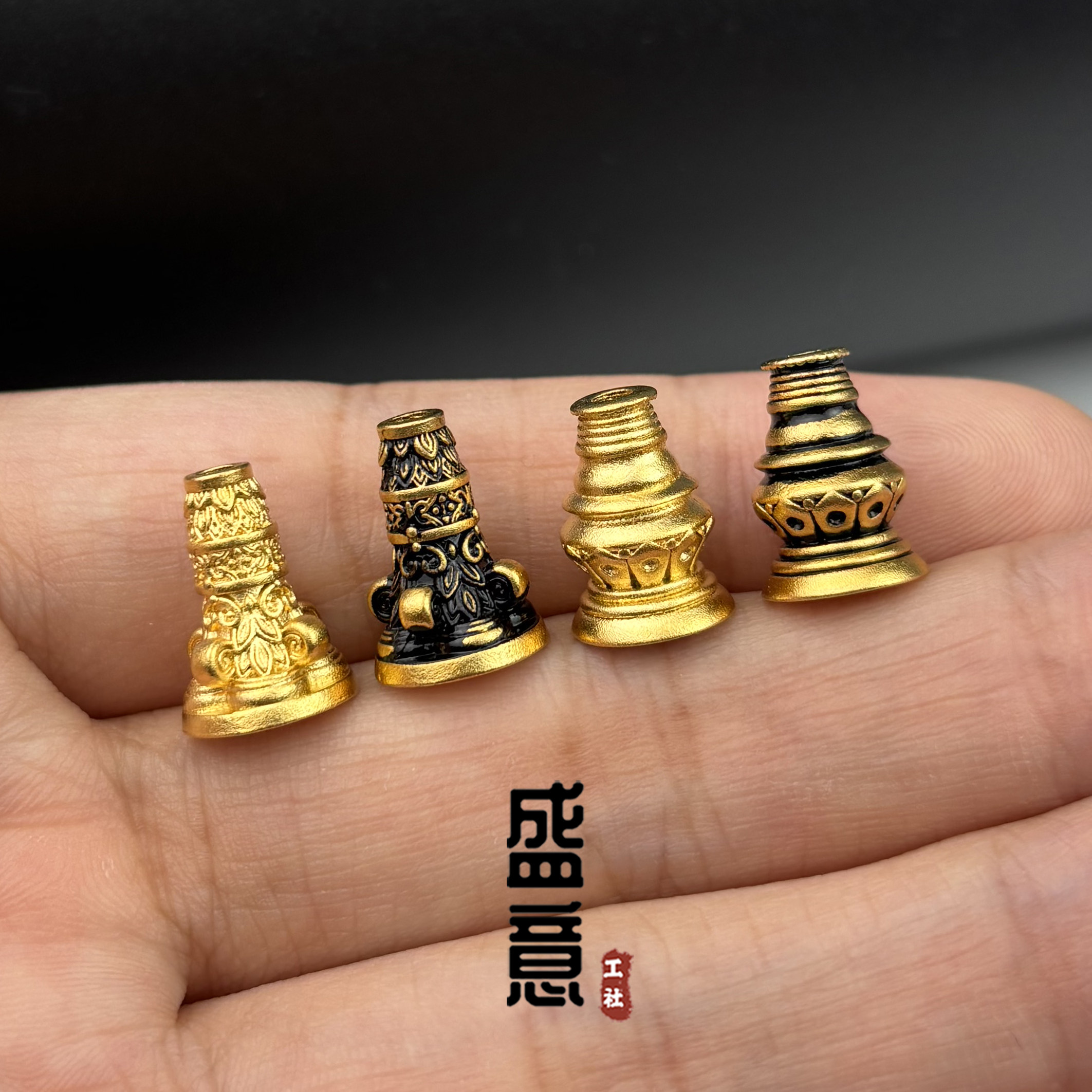 古法24K工艺黄金色三通塔头塔帽文玩手串手持108佛塔念珠diy配饰