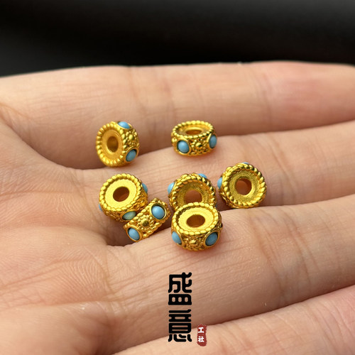 古法24K工艺黄金色925镶嵌松石卡环隔珠文玩手串diy配珠配饰隔片
