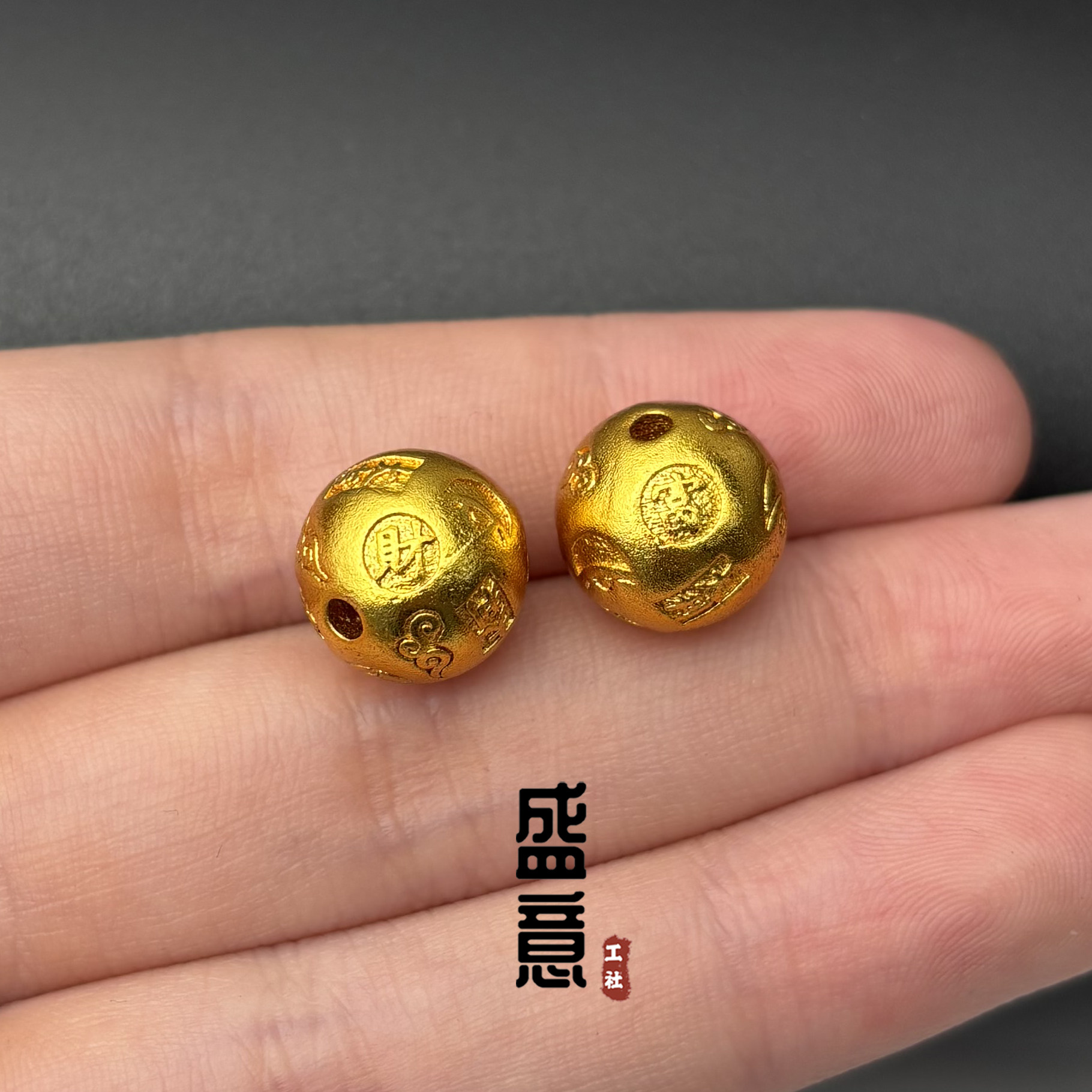 古法24K工艺黄金色吉言圆珠隔珠转运珠大吉大利项链佛珠手串配饰
