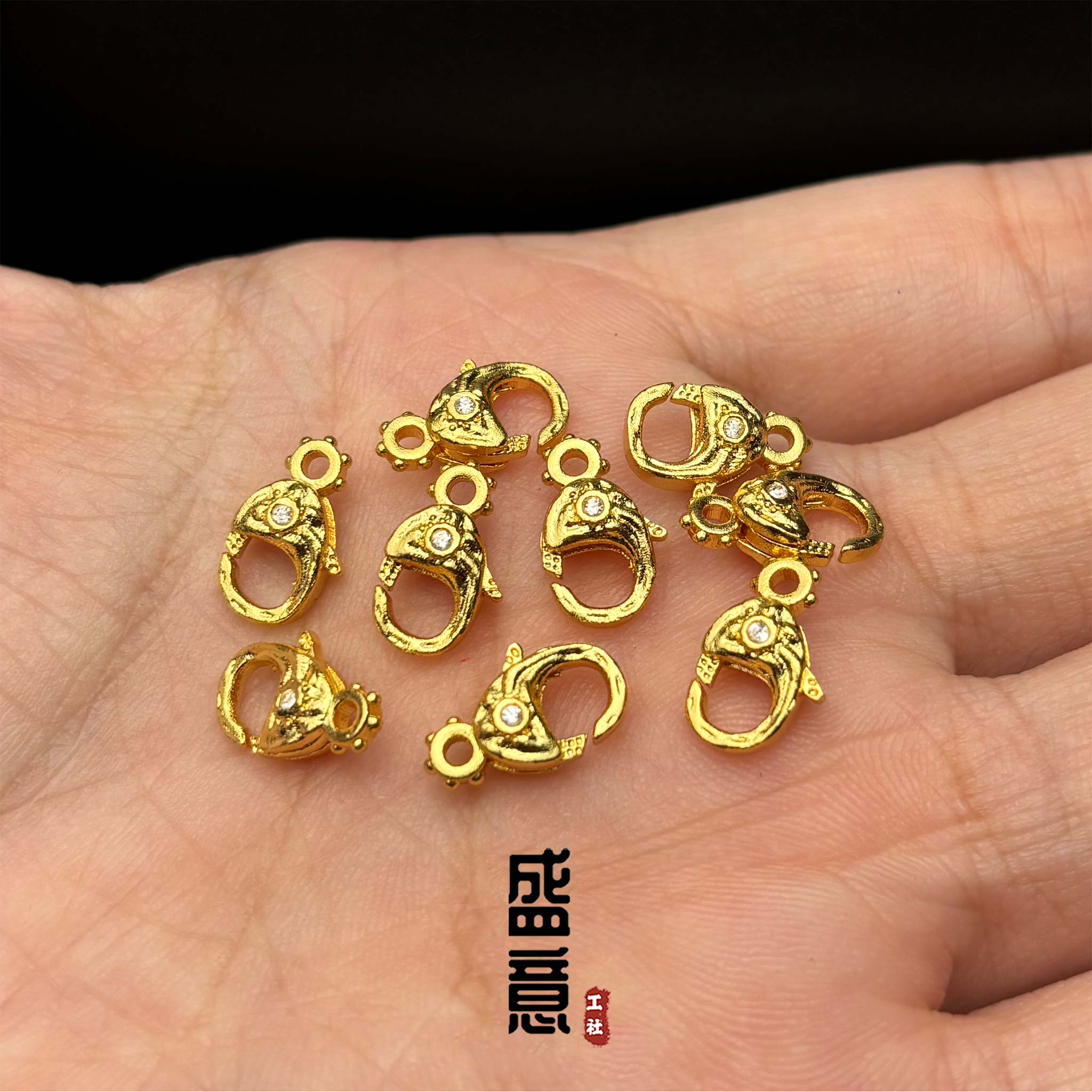 古法24K工艺黄金色镶钻弹簧扣链接扣手链项链文玩手串diy配饰