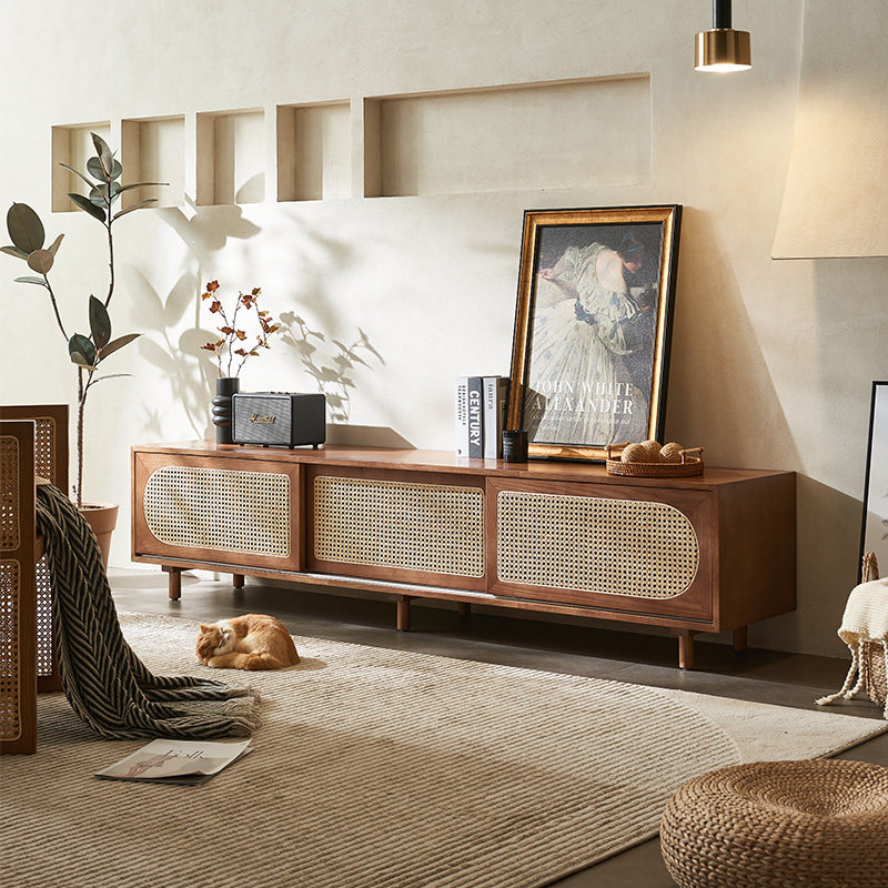 复古诧寂风藤编实木电视柜小户型收纳柜客厅中古民宿酒店储物柜子,住宅家具,电视柜,淘宝优惠券,粉丝福利购,淘宝优惠卷