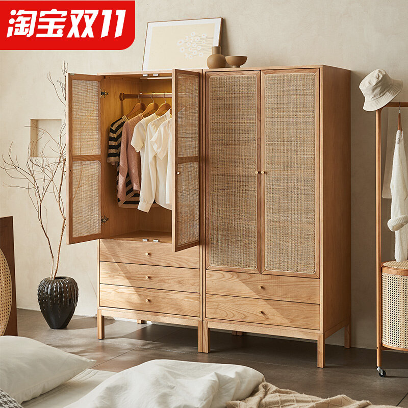 德国品质实木藤编衣柜简约两门z储物柜小户型家用侘寂风衣整体橱