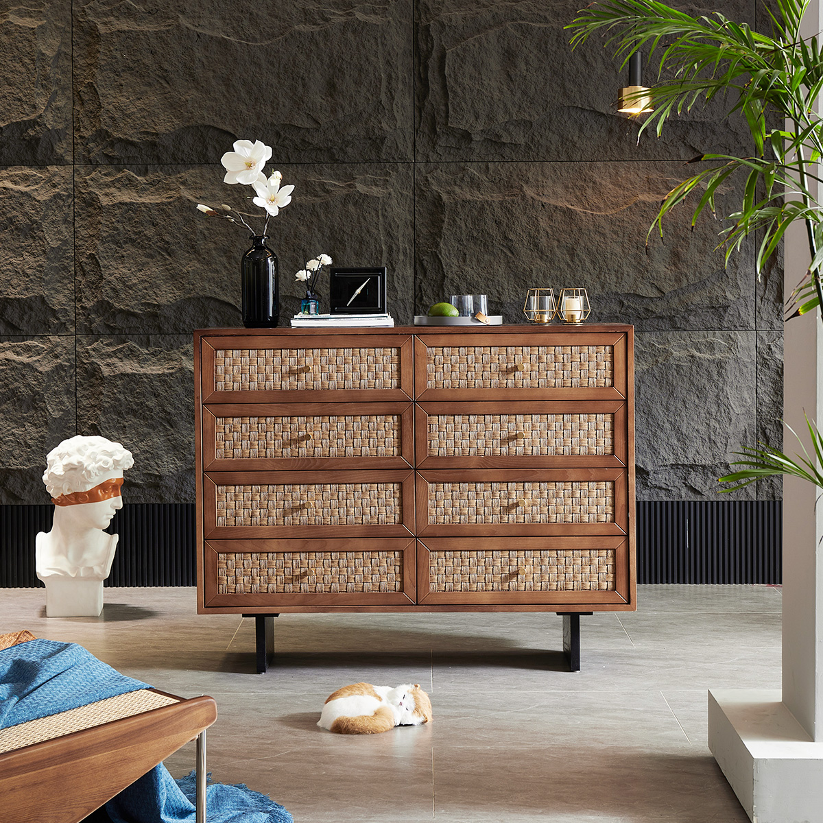 实木藤编四六八斗柜日式玄关柜