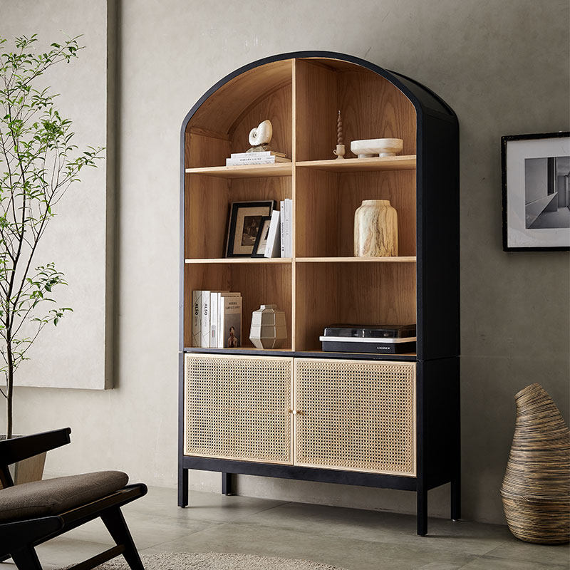 北欧复古实木书柜侘寂风客厅靠墙收纳架落地架藤编展示柜储物柜子,住宅家具,单个书柜,淘宝优惠券,粉丝福利购,淘宝优惠卷