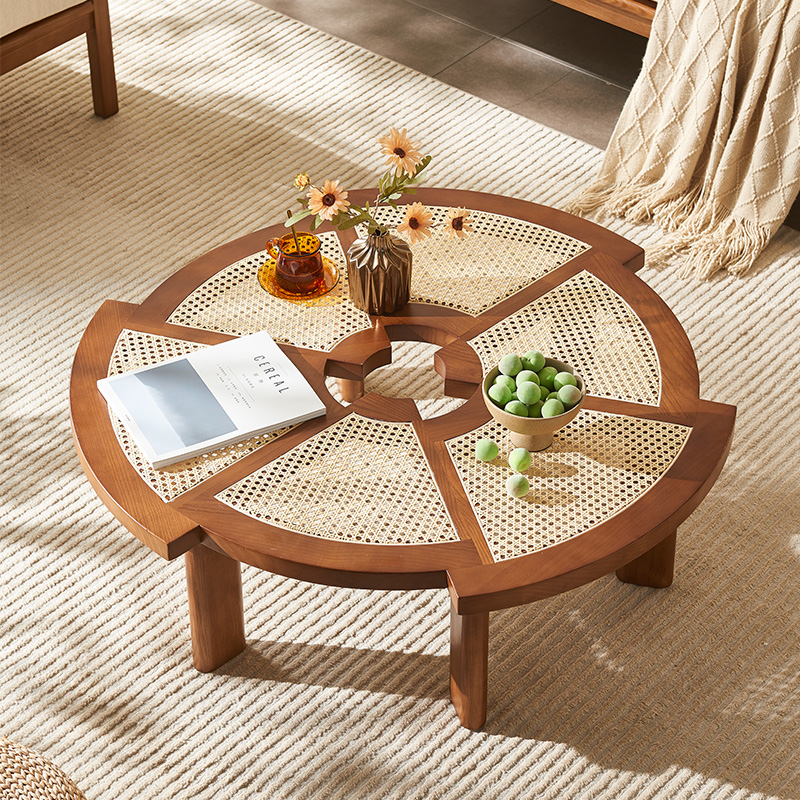 复古侘寂风简约藤编圆茶几