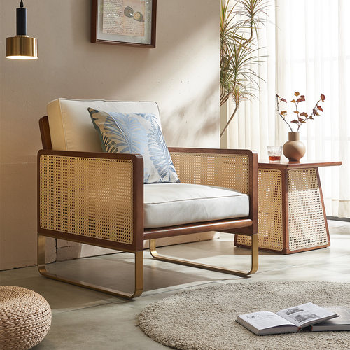 北欧复古藤编实木单人休闲椅