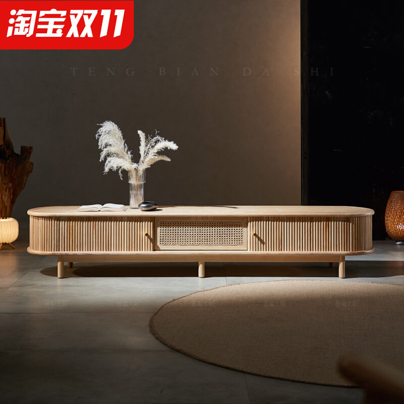 北欧实木电视柜收纳柜现代简约客厅地柜小户型真藤编卷帘电视机柜