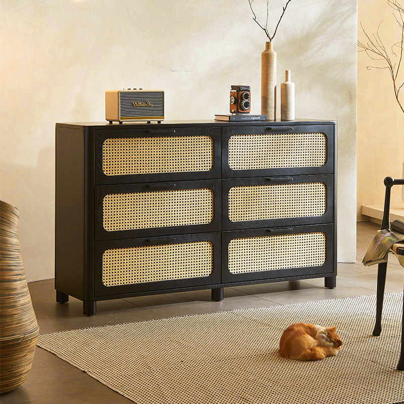 法式实木六斗柜复古藤编储物柜侘寂风小户型家用玄关抽屉储物柜子,住宅家具,斗柜,淘宝优惠券,粉丝福利购,淘宝优惠卷