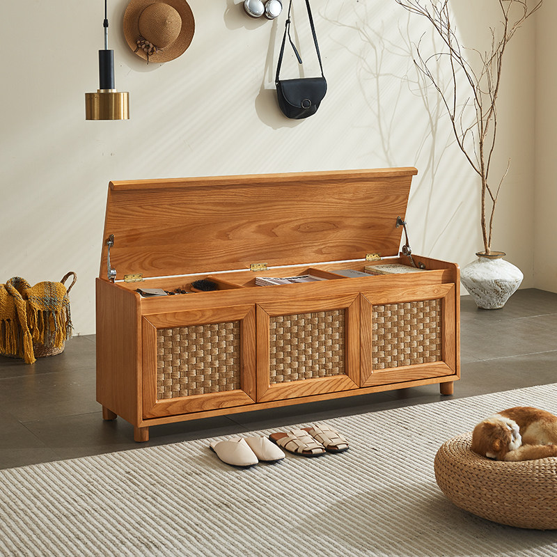藤编换鞋凳家用门口实木藤编长凳收纳箱多功能玄关凳子储物长凳