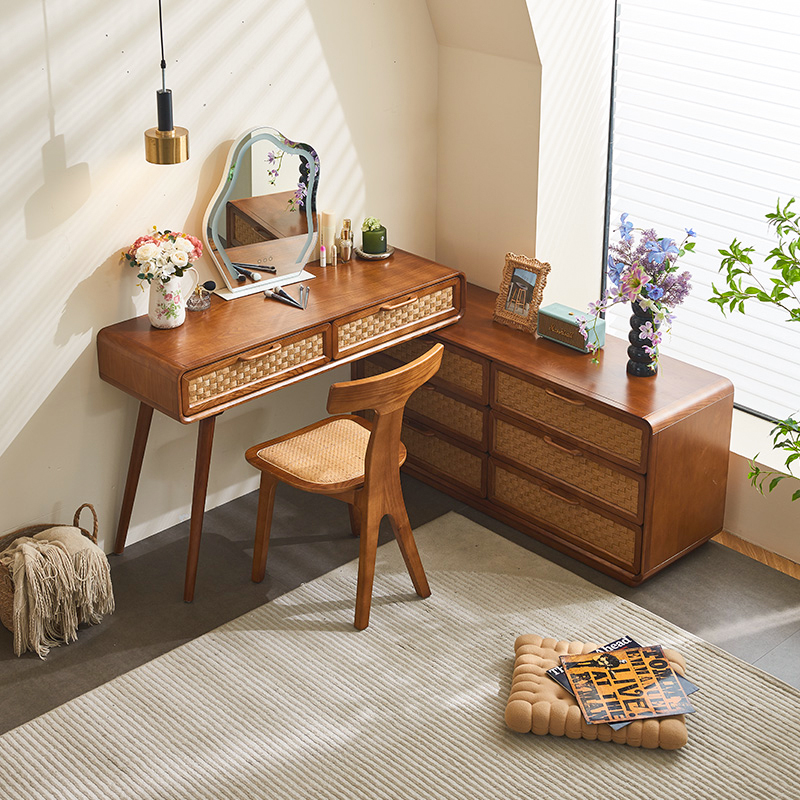 日式藤编梳妆台复古北欧设计师实木化妆桌椅卧室小户型斗柜书桌