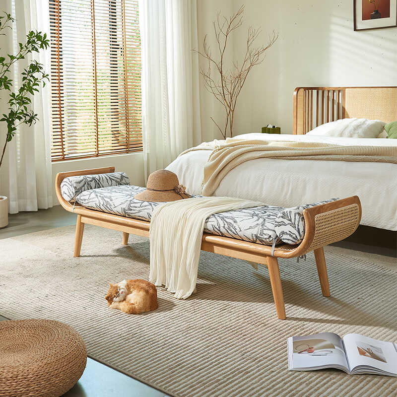 实木藤编寂风卧室简约换鞋长凳