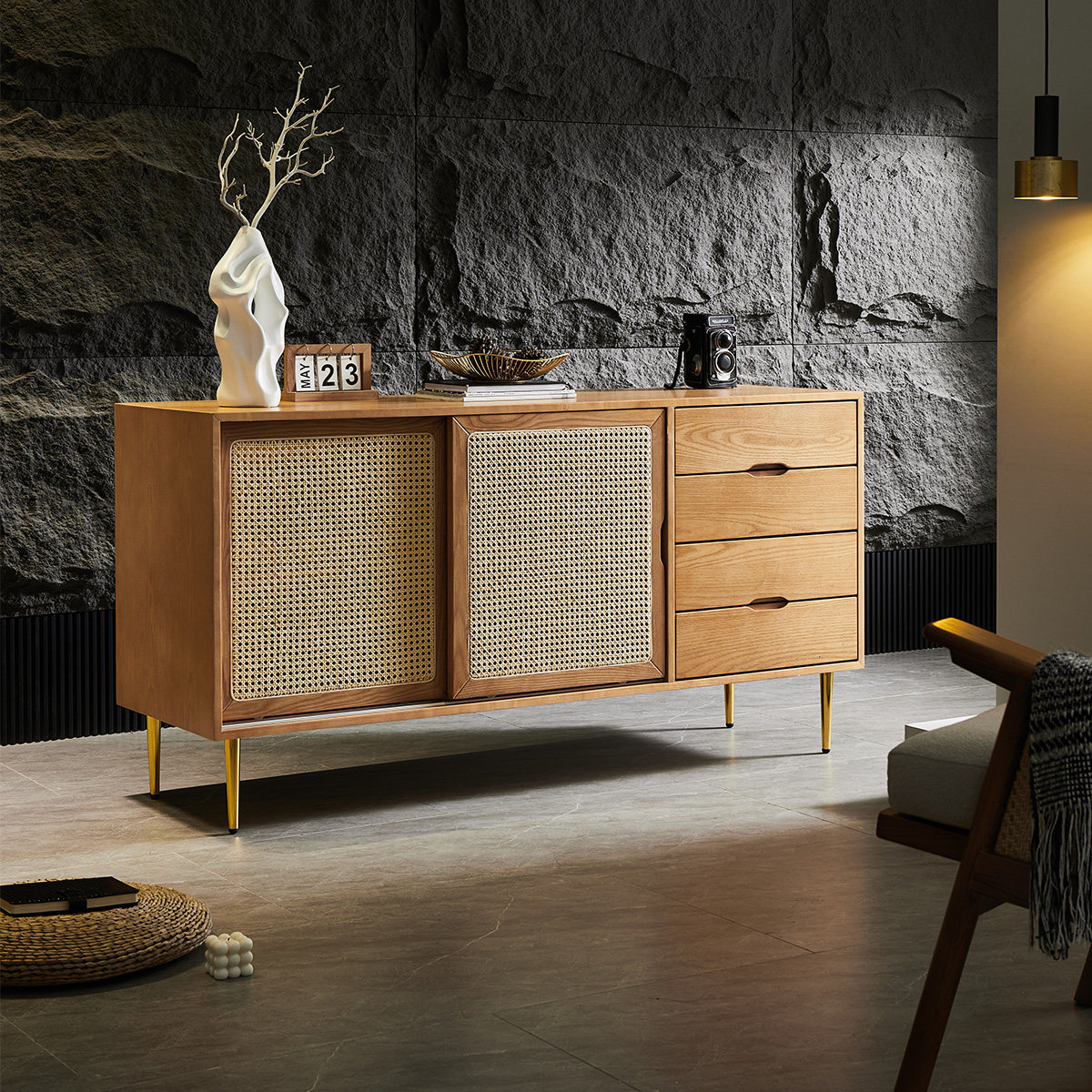 侘寂风实木餐边柜日式藤编储物柜推拉门小户型客厅玄关柜茶水柜子,住宅家具,餐边柜,淘宝优惠券,粉丝福利购,淘宝优惠卷