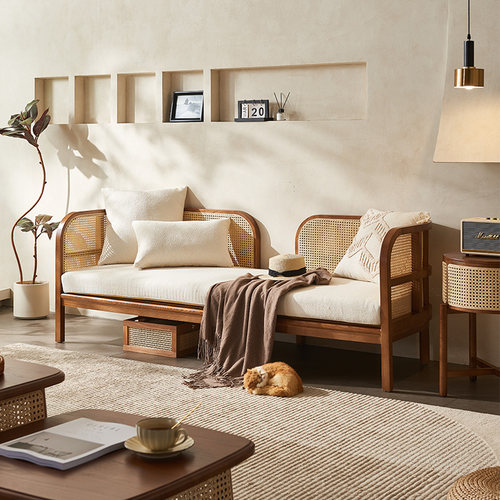 复古民宿实木藤编沙发组合