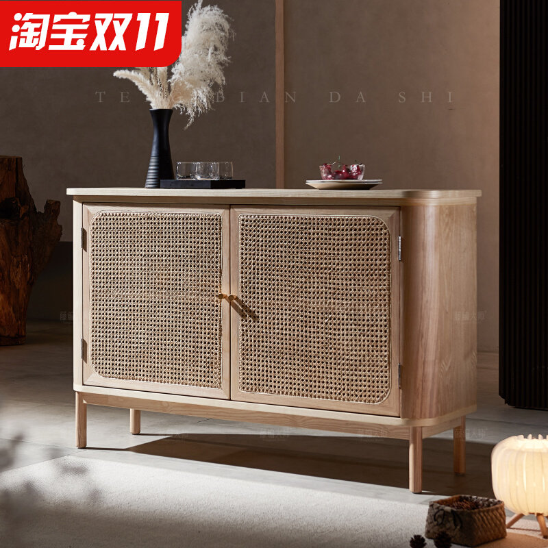 日式原木风藤编餐柜简p约现代茶水柜小户型家用一体靠墙收纳柜子