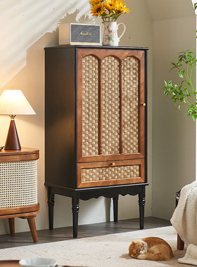 藤编匠师中古藤编实木餐边柜侘寂风黑色玄关柜储物收纳柜单门橱柜