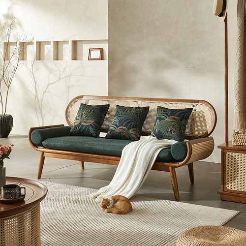 实木真藤编沙发休闲椅