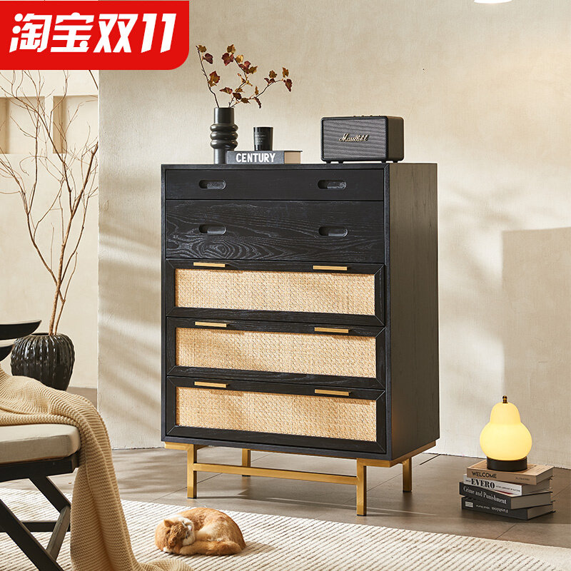 中古收纳柜复古实木藤编五斗柜侘寂风玄关柜六斗柜抽柜置物收纳柜