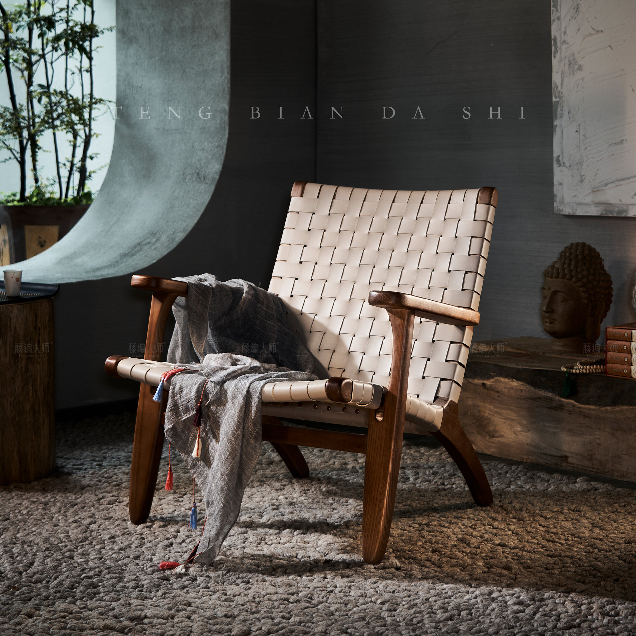 藤编大师北欧阳台休闲椅实木马鞍皮单人沙发椅扶手侘寂风复古民宿,住宅家具,沙发椅,淘宝优惠券,粉丝福利购,淘宝优惠卷