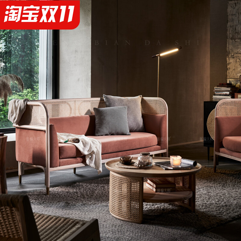 藤编匠师实木藤沙发三人茶几组合小户型约厅简双客人位休闲沙发椅