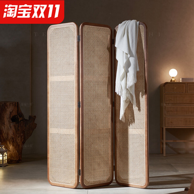 复古实木藤编屏风创意折屏客厅入户玄关可移动座屏进门遮挡折叠隔