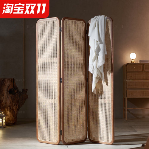 复古实木藤编屏风创意折屏客厅入户玄关可移动座屏进门遮挡折叠隔