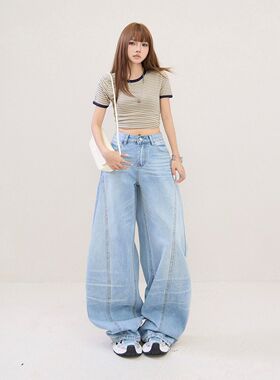 2026春季新款复古高腰宽松设计款弯刀阔腿牛仔裤女浅蓝色长裤显瘦